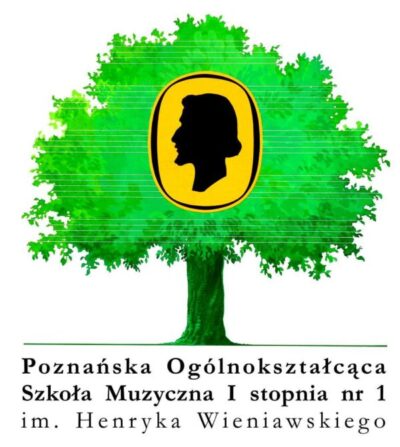 Logo Poznańskiej Ogólnokształcącej Szkoły Muzycznej I stopnia nr 1 im. Henryka Wieniawskiego przedstawia zielone drzewo z sylwetką patrona Henryka Wieniawskiego na żółtym tle w centralnej części drzewa. Poniżej rysunku znajduje się pełna nazwa szkoły.