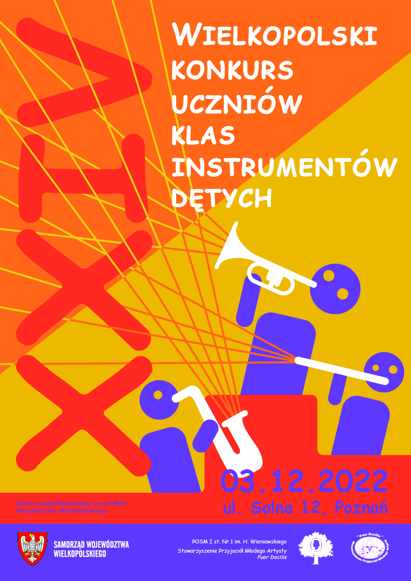 Plakat XXIV Wielkopolskiego Konkursu Uczniów Klas Instrumentów Dętych przedstawia rysunki ludzi grających na instrumentach dętych na kolorowym żółto-pomarańczowym tle.